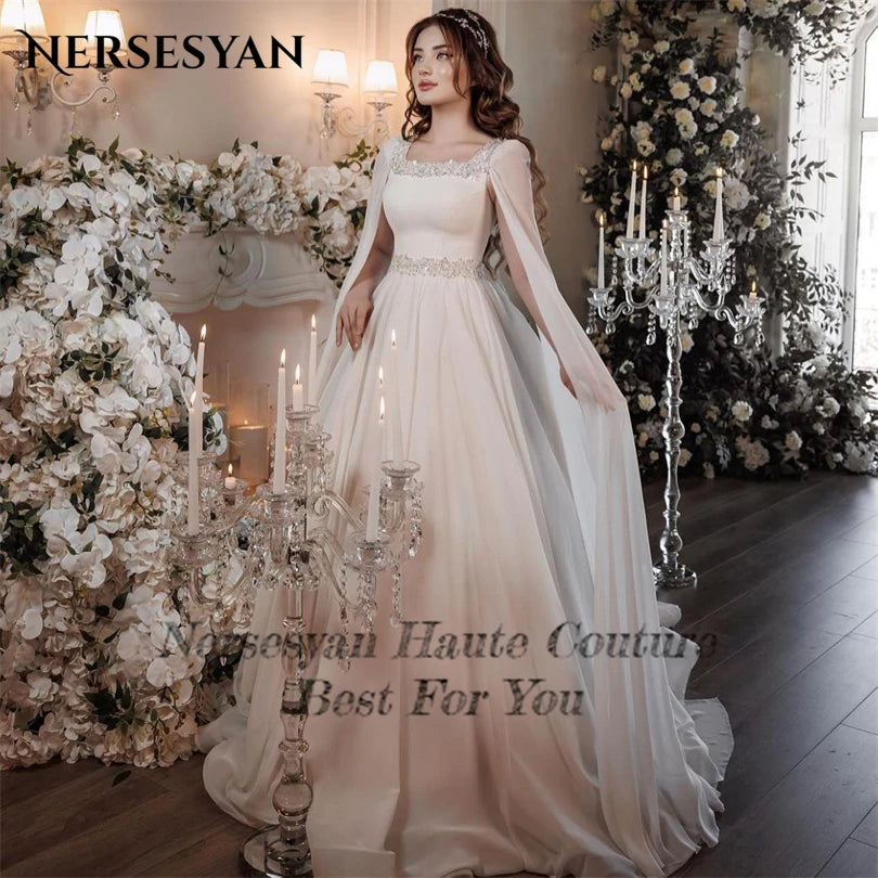 Nersesyan Vintage Long Cape Sleeves Formal Wedding Gowns Sequare Collar Glitter Beads Bridal Dresses A Line Draped Bride Gown