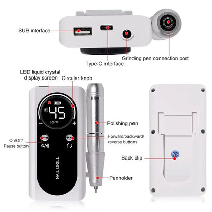 Professional 45000RPM Electric Portable Nail Drill Machine Rechargeable