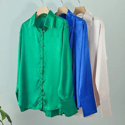 Elegant Satin Long Sleeve Women Shirt Vintage Silk Casual Loose Button Up Blouses Office Lady Tops