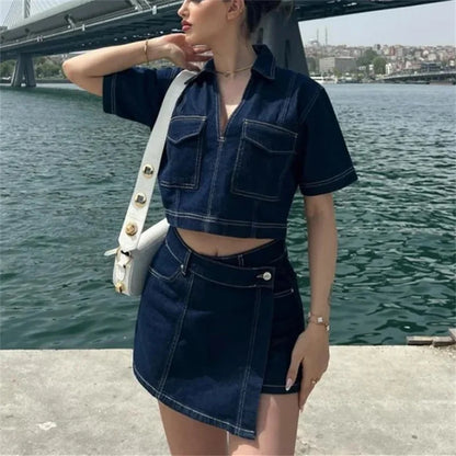 TRAF Blue Denim Shirt Woman Short Sleeve Cropped Shirt Women Summer Short Tops Woman Streetwear Y2k Stylish Women's Blouse