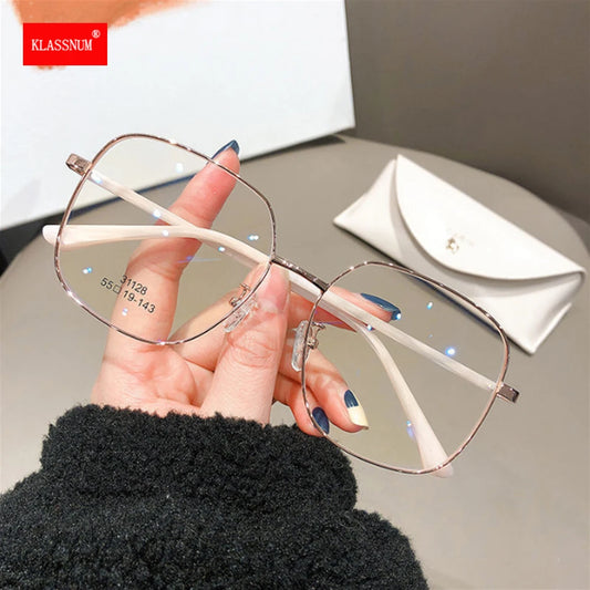 Women Fake Glasses Anti-blue Light Large Frame Glasses Transparent Lens Metal Frame Oversize Eyeglasses UV400 Protection Eyewear