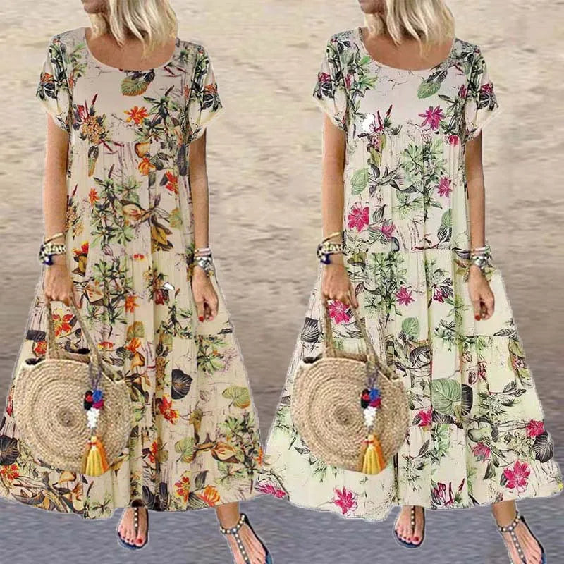 Stand-alone Women's Retro Floral Print Short-sleeved Round-neck Dress