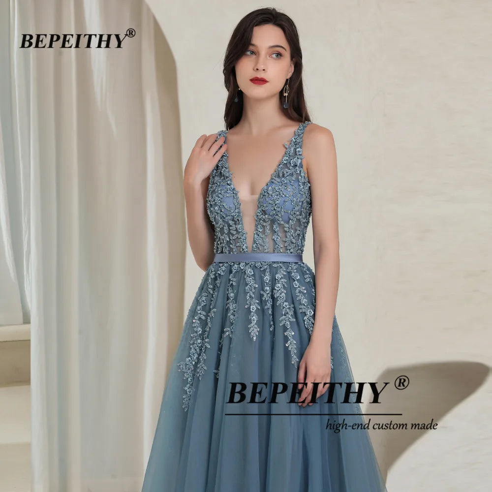 BEPEITHY Customized Elegant V Neck Gray Blue Long Evening Dresses 2022 Party Sexy Backless Prom Gown Sleeveless Robe De Soiree