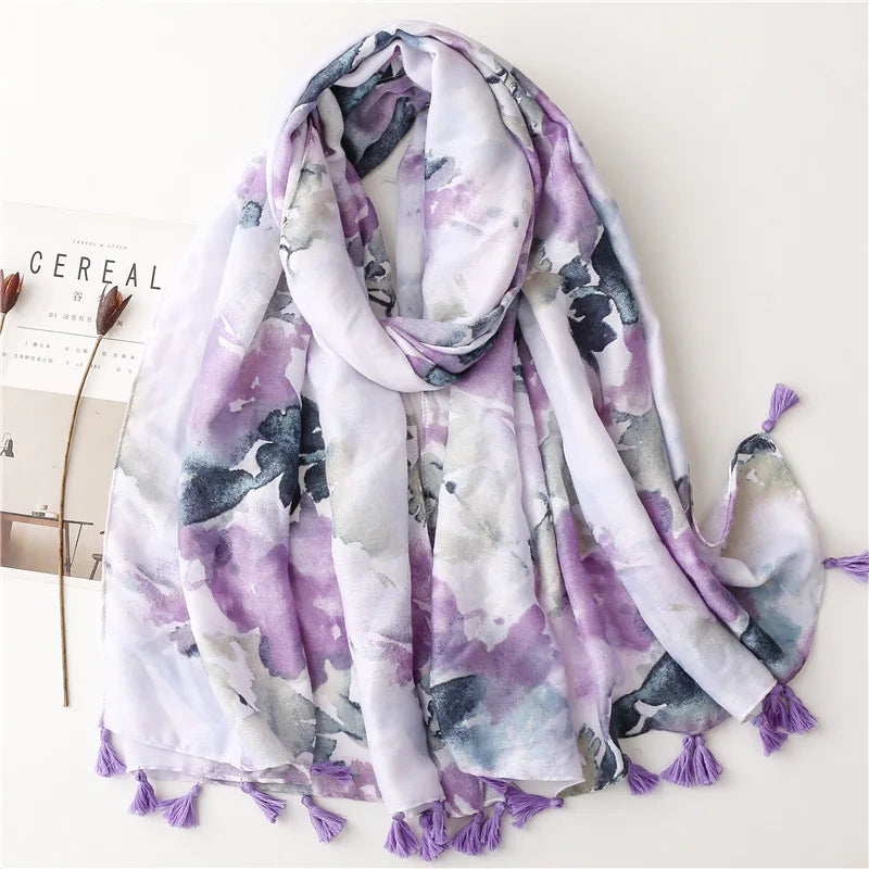 2023 New Purple Ink Flowers Retro Long Scarf Women Bohemia Luxury Florals Beach Shawls Viscose Hijab Scarves