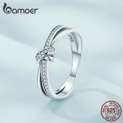 Bamoer Real 925 Sterling Silver Vintage Knot Band Rings For Women Retro Clear CZ Wedding Ring Bezel Fine Jewelry Gift Making