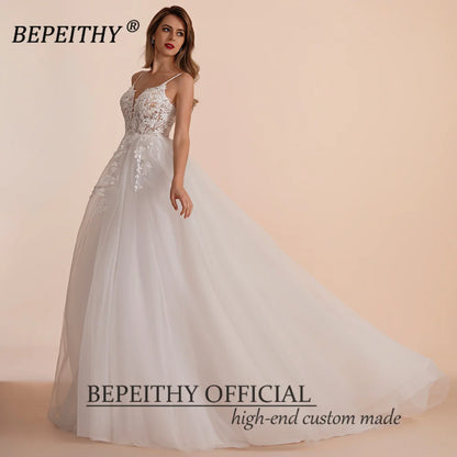 BEPEITHY Customized Boho Ivory A Line Lace Wedding Dresses For Bride Women 2023 Floor Length Sexy Garden White Bridal Gown New