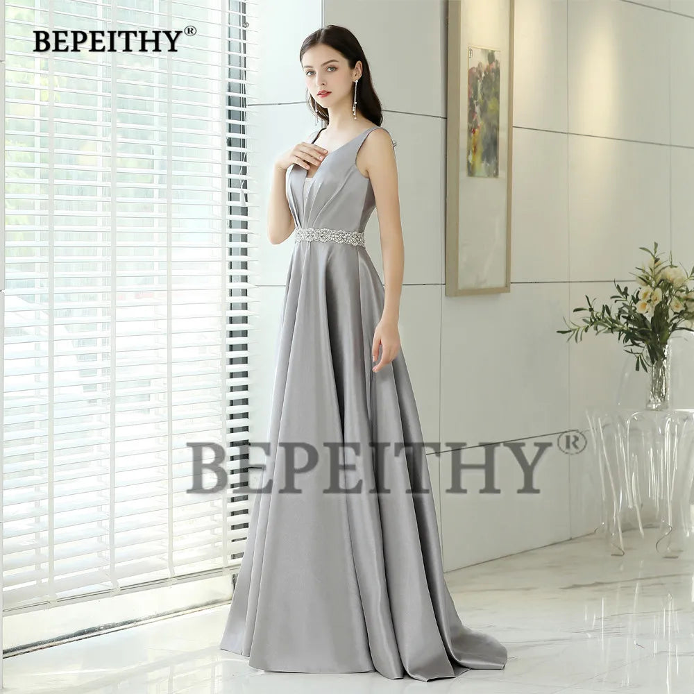 BEPEITHY Customized V-neck Evening Dresses With Crystal Belt Vintage V Neck Elegant Formal Gown Floor Length Prom Dress 2023