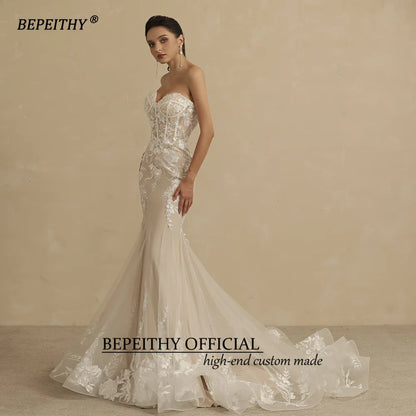 BEPEITHY Customized Sweetheart Mermaid Wedding Dress For Women Ivory Lace Sleeveless Trumpet Vintage Bride 2022 Bridal Gown New