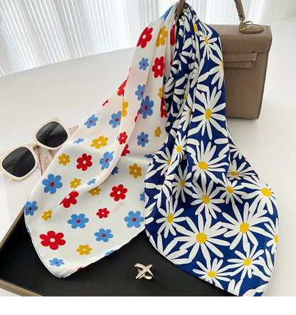 2023 New 70x70cm Women Multifunction Polyester Silk Head Scarf Daisy Flower Prints Casual Small Square Wraps Scarves Shawls