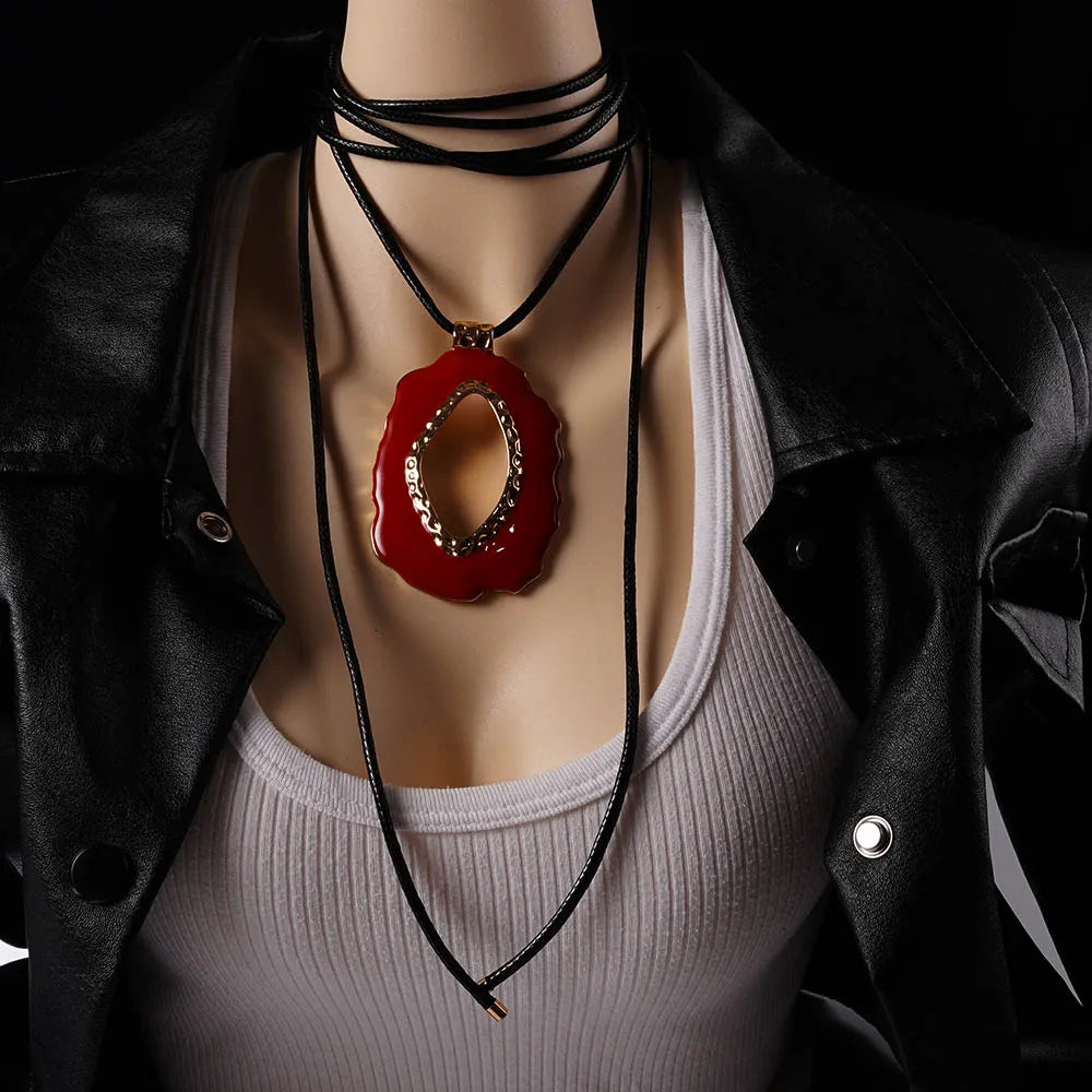 Sweater Chain Heavy Geometric Necklace Big Metal Red Hollow Pendant Vintage Wax Rope Adjustable Choker For Women Neck Jewelry