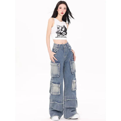 American Retro High Street Three Dimensional Multi Pockets Baggy Jeans Women High Waist Y2K Vintage Wide Leg Pants Pantalones