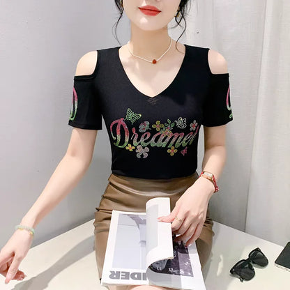 Fashion T-shirt  Diamonds Letter Rose