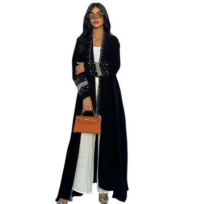 Muslim Black Abaya Dubai Luxury Open Cardigan Women's Prayer Garment Caftan Femme For Evening Robe Clothes Large Size With Belt