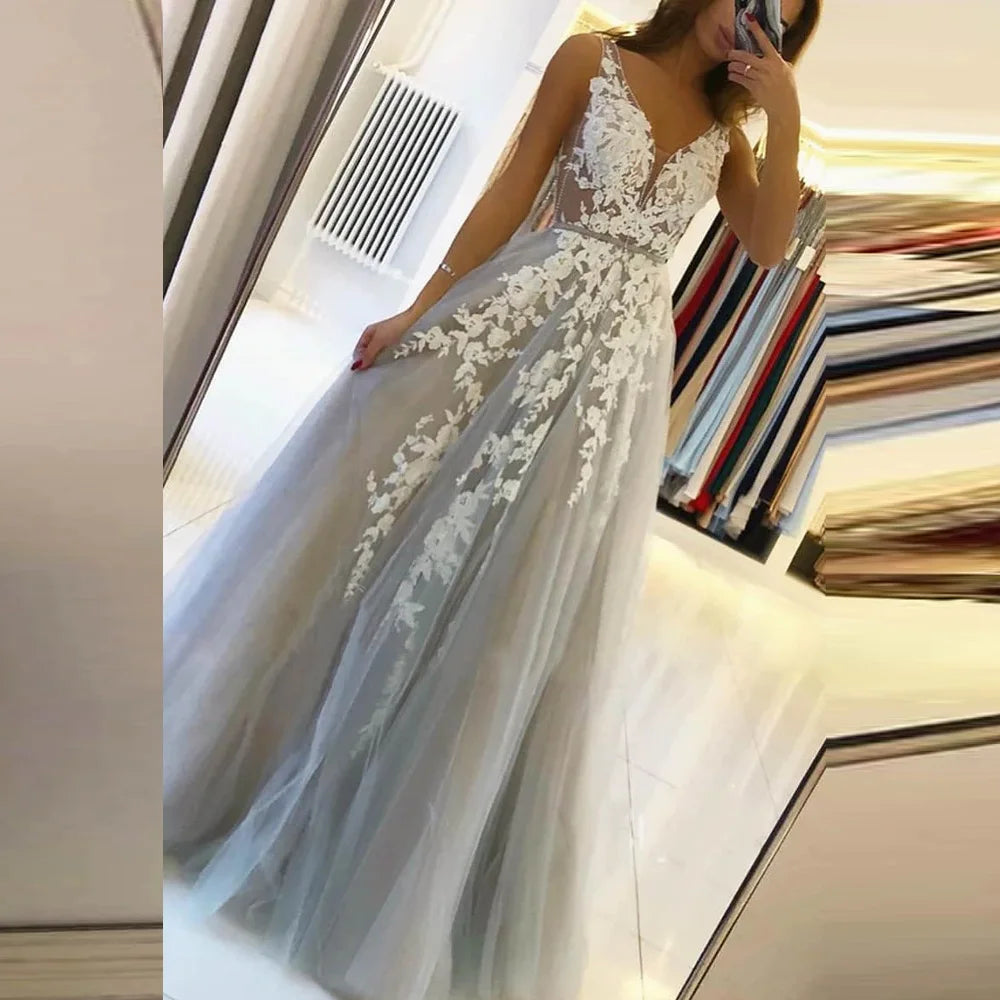 BEPEITHY Customized V Neck Long Prom Dresses 2023 For Women Sexy Gray Summer Backless White Lace Dubai Evening Party  Gown