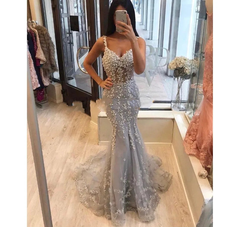 Customized Sexy African Lace Mermaid Prom Dresses For Black Women Floor Length Illusion Pearls Evening Party Gown Robe De Soiree