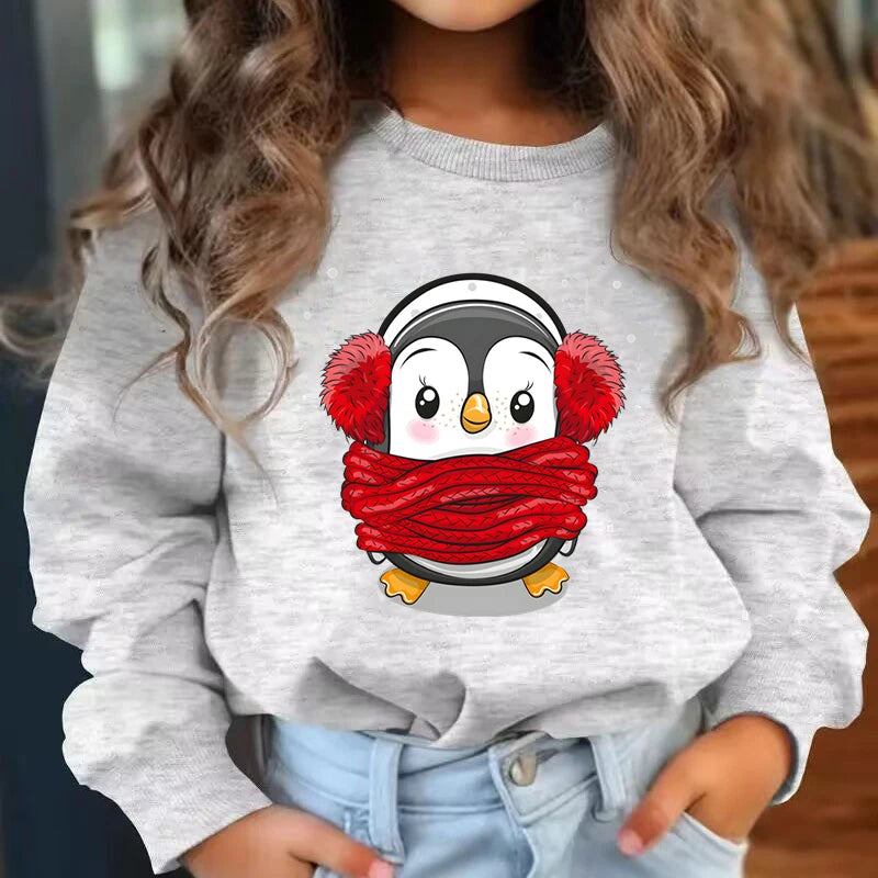 Autumn Winter Children's Christmas Sweatshirts Funny Cartoon Penguin Hot Stamped Pullover Long Sleeve Xmas Gift Boy Girl Hoodies