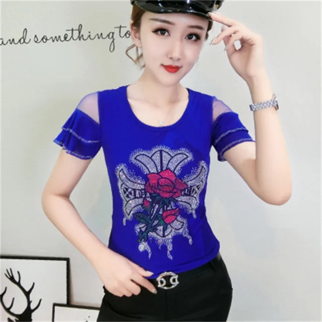 Fashion T-shirt  Diamonds Letter Rose