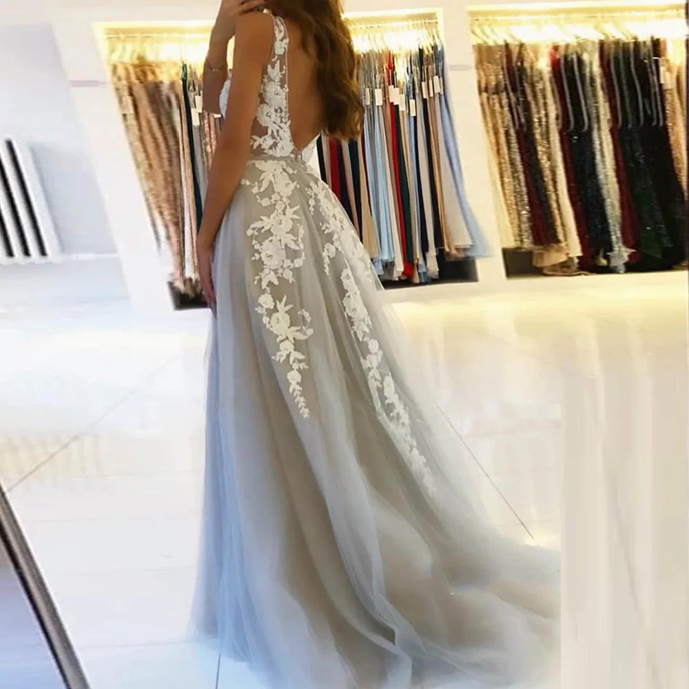 BEPEITHY Customized V Neck Long Prom Dresses 2023 For Women Sexy Gray Summer Backless White Lace Dubai Evening Party  Gown