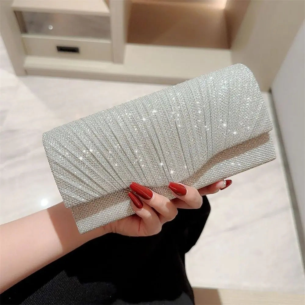 Fashion Ladies Gold Silver Luxury Satin Clutches Evening Bags Sequins Banquet Clutch Bag Wedding Party Purse Womens Chain Bags