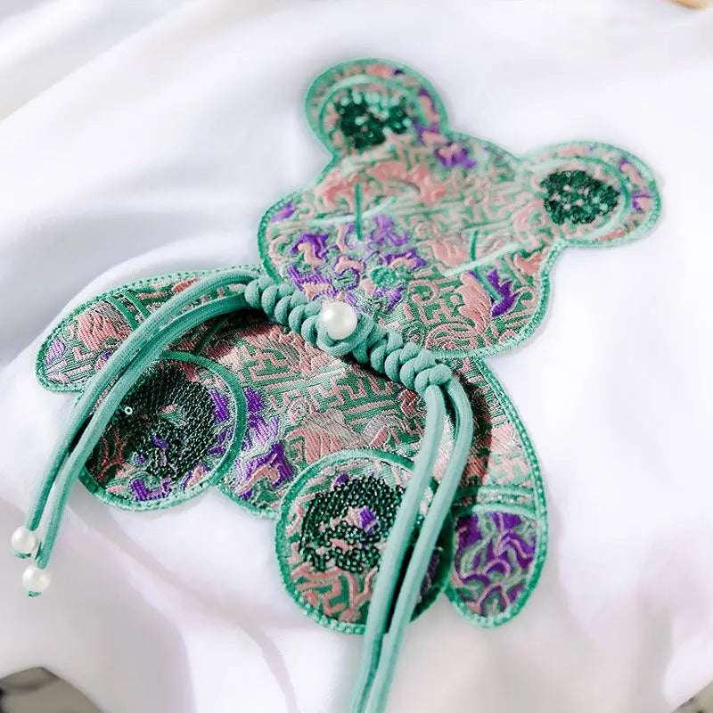 Buckle Green Bear Beading T-shirt Heavy Handmade Diomand Shiny Bowknot Embroidery T Shirt Summer Tees Top Accessories Clothes