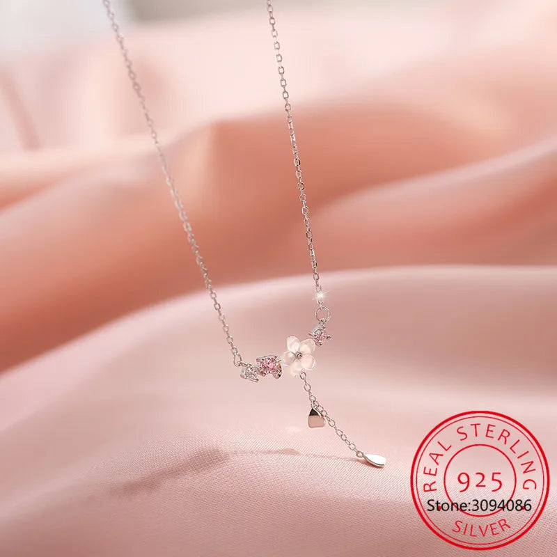 100% Real 925 Sterling Silver Cherry Flower Shell Long Tassel Necklace for Women Sweet Heart Pendant Clavicle Chain Necklace