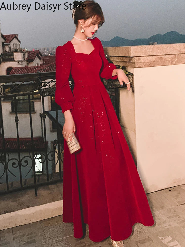 Elegant Red Sequins Midi Dress Women Vintage V-neck Formal Occasions Evening Party Dresses Fashion Chic Design New in Dresses