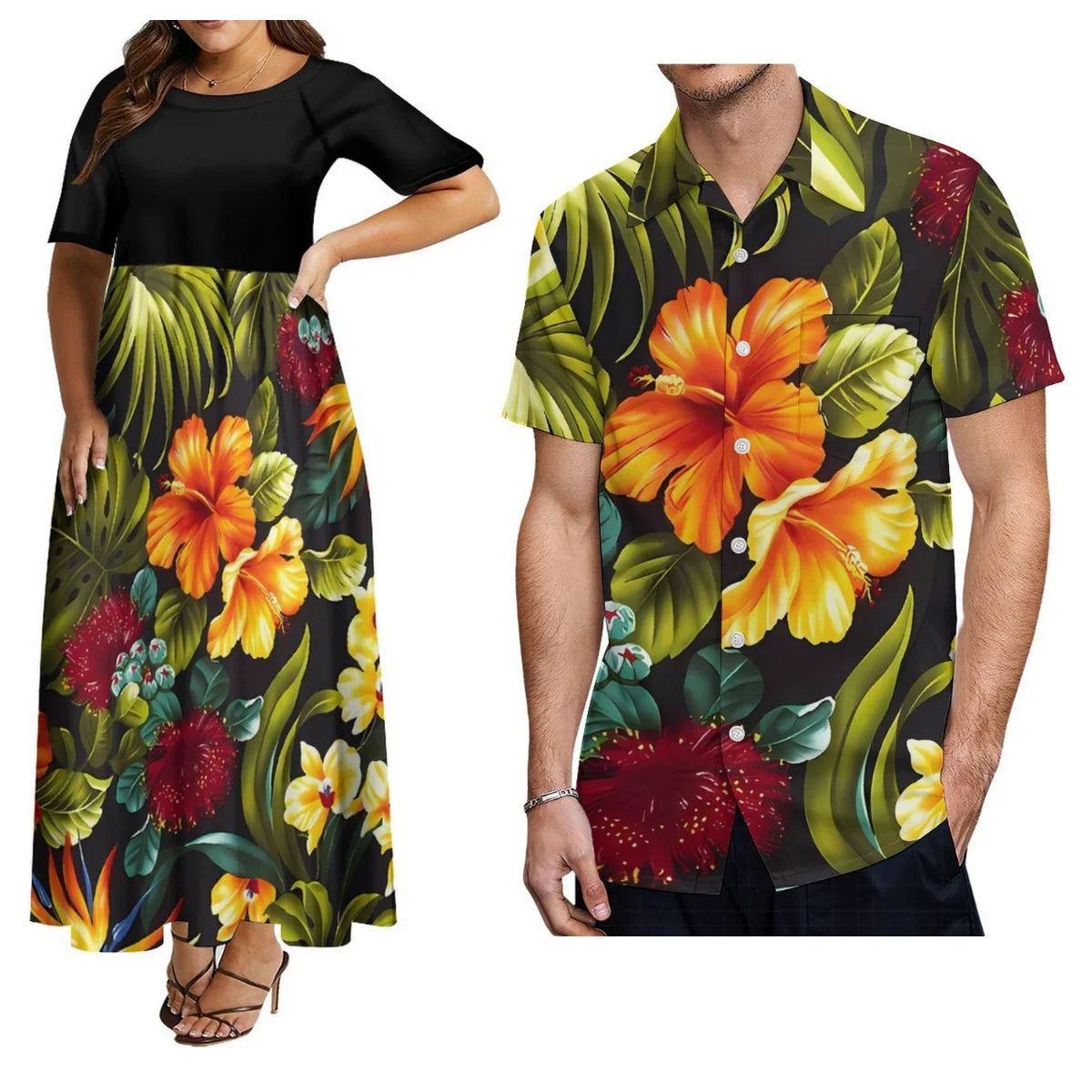 Hot-Selling Women'S Short-Sleeved Dress And Men'S Aloha Shirt Samoa Polynesian Tribe Paired With A Black Couple Outfit