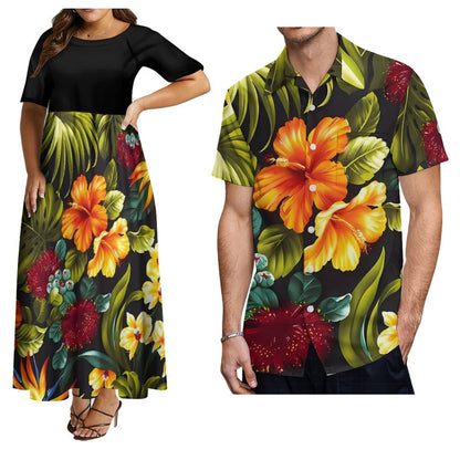 Hot-Selling Women'S Short-Sleeved Dress And Men'S Aloha Shirt Samoa Polynesian Tribe Paired With A Black Couple Outfit