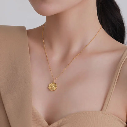 316L Stainless Steel Gold Color Round Relief Flowers Pendant Necklace For Women Fashion Girls Chain Jewelry Party Gifts