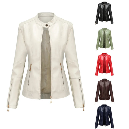 Faux Leather Women Coat Full Sleeve Round Neck Slim Fit Solid Sexy Regular Jackets Zipper Casual Splice Pu Coats Jacket