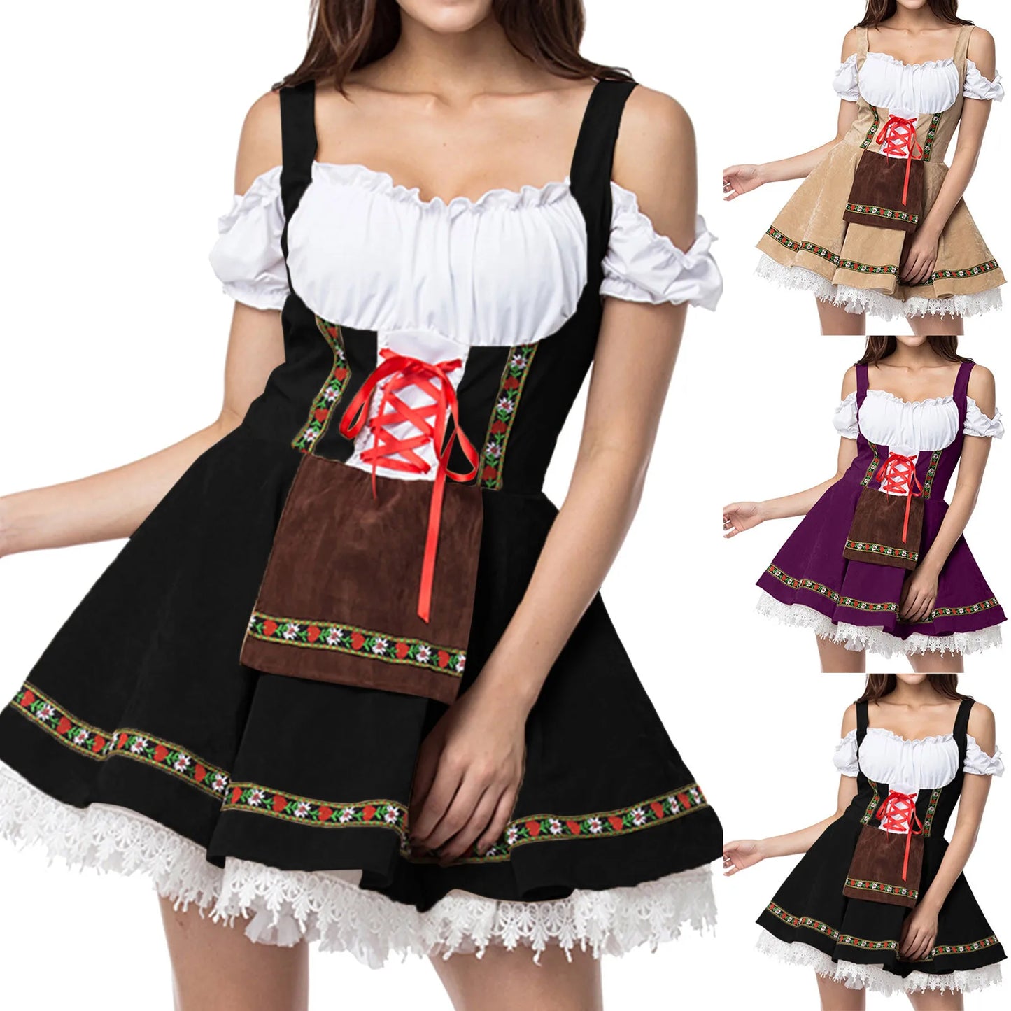 Traditional Oktoberfest Costume Women Vintage Ruffle Lace Trim Dirndl Dress German Bavarian Maid Stage Performance Costumes