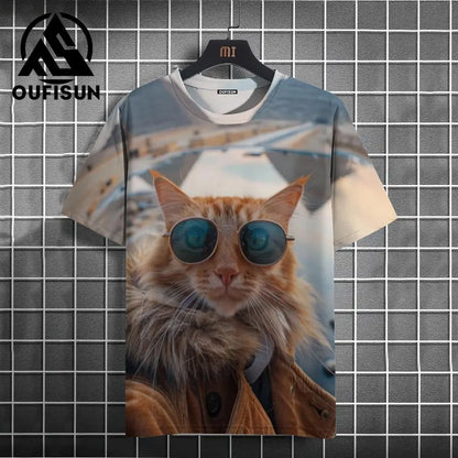 Fashion Sketch Animal Graphic Men T-shirts Cats 3D Print Oversize Short Sleeve Men T shirt  O-Neck Casual Men Women T-shirt