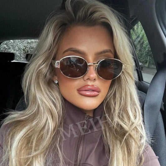 Brand Oval Sunglasses For Women Vintage Metal Small Frame Sun Glasses For Female trend Punk Eyewear Shades Ladies Alloy Round