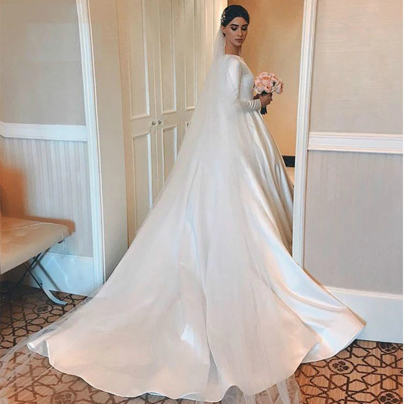 Customized Vestidos De Novia Simple Vintage White Satin Wedding Dress Long Sleeves Princesa Bridal Gown CustomizedRobe Mariée