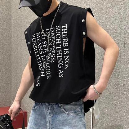 Fashion O-Neck Printed Letter Sleeveless Rivet T-Shirt Men's Clothing 2024 Summer New Casual Pullovers Loose Korean Tank TOPS