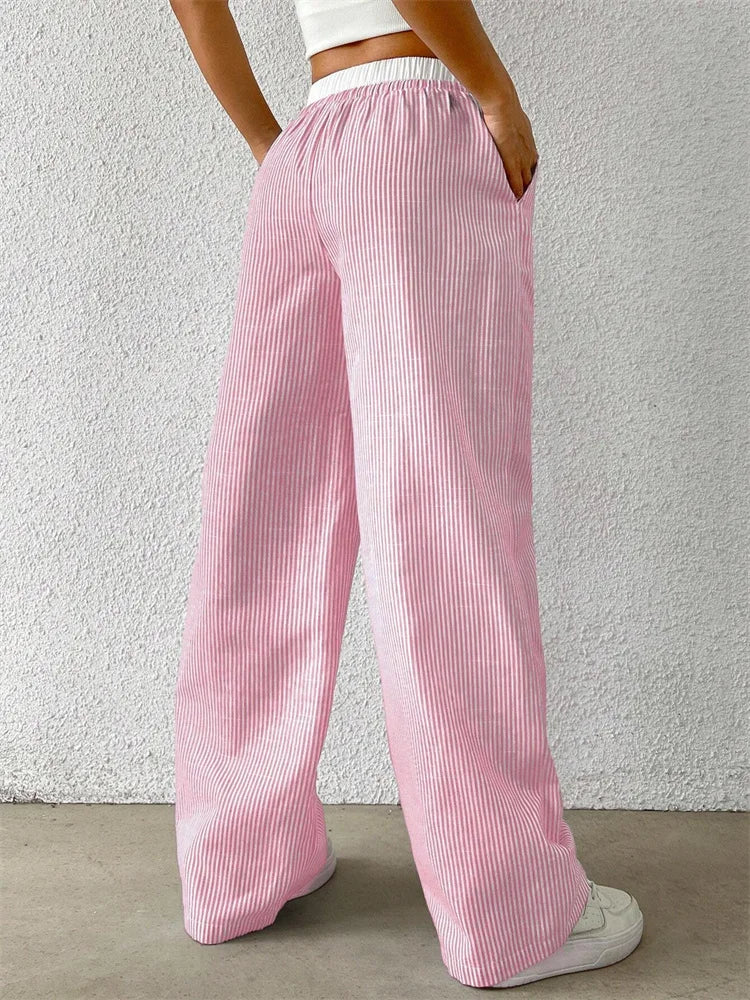 Women's Casual Striped Woven Wide Leg Pants Fall Winter 2024 Casual Stylish Full Length Trousers Y2K Clothes Streetwear