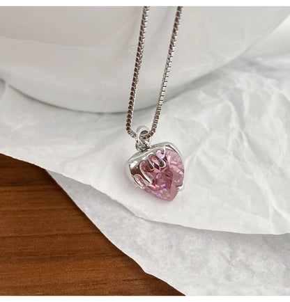 925 Solid Sterling Silver Pink Melted Heart Pendant Necklace for Women Platinum Plated Valentine's Day Gift BSN322