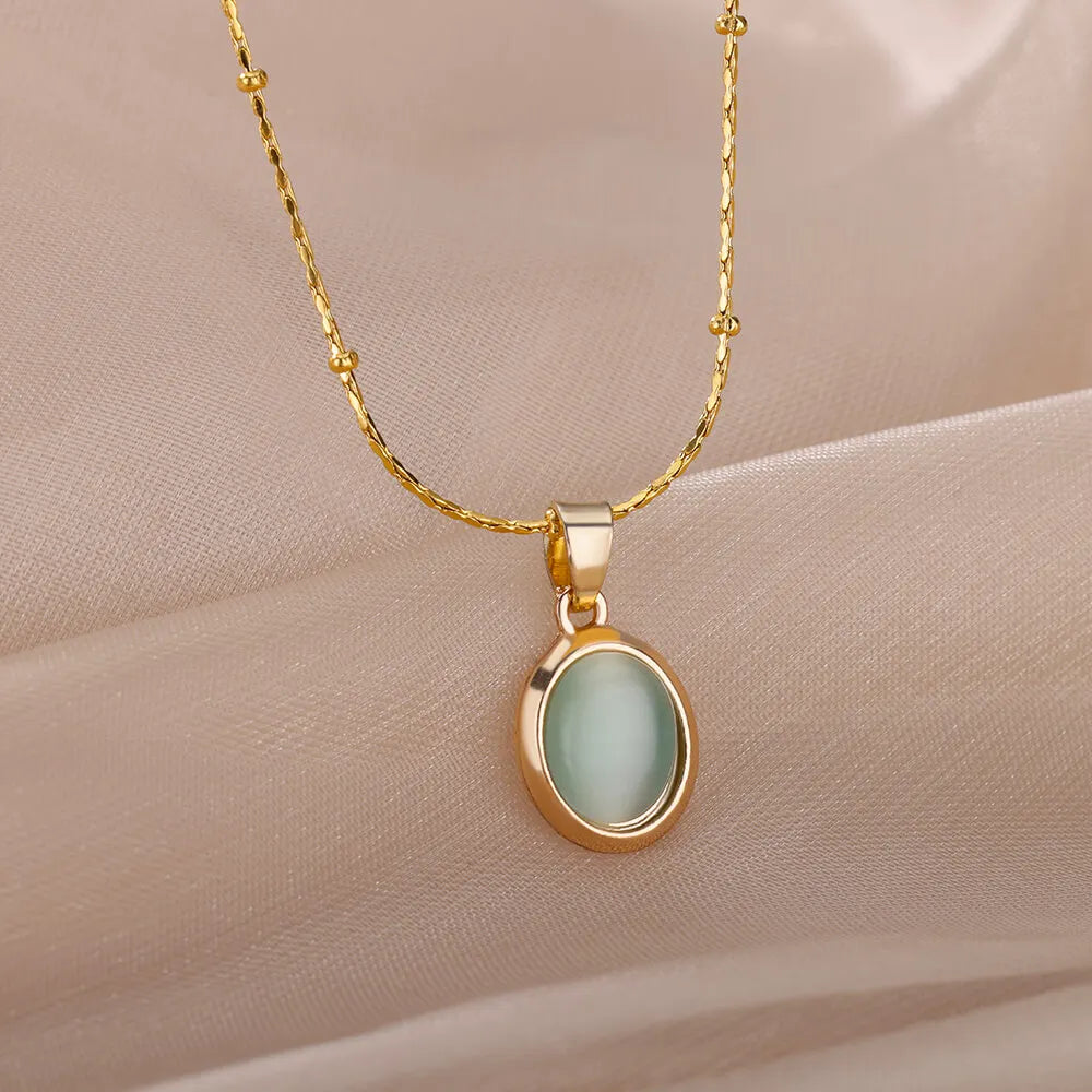 Round Opal Necklace For Women Girls Stainless Steel Natural Stone Pendant Chains Choker Necklaces New In Jewelry Gift Collier