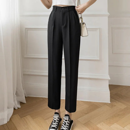 Casual Women Suit Pants 2023 Summer Fashion High Waist Black Harem Pants Female Korean Style Pocket Thin Nine Point Trousers