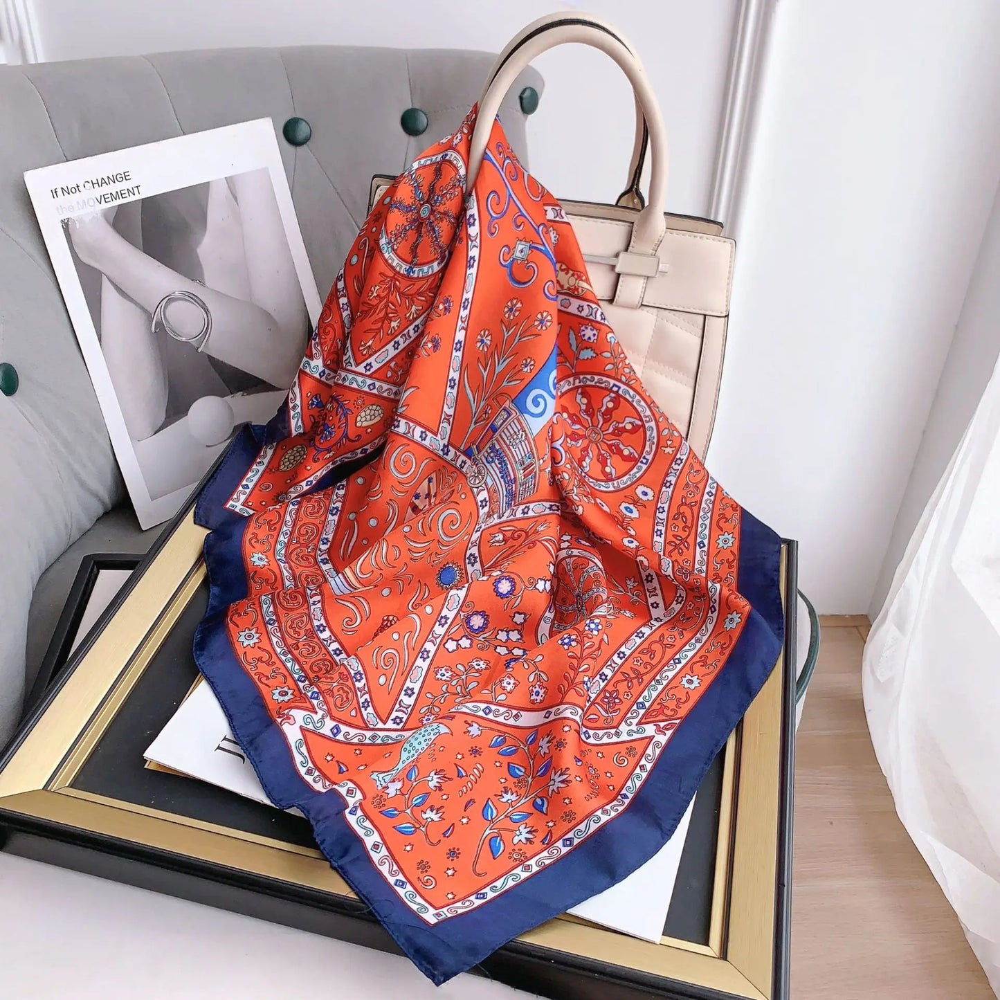 2023 Elegant Florals Print Square Scarf Women Bandana Hairband Lady Head Wraps Female Shawl Fashion Neckerchief Multifunction