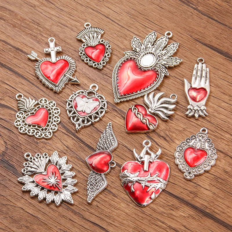 5Pcs Mix Size Wholesale Alloy Metal Drop Oil Red Heart Charm Red Color Pendant For Enamel DIY Bracelet Necklace Jewelry Making