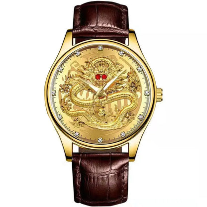 WOKAI high quality men's leisure belt quartz watch luminous waterproof commercial waterproof clock Golden Dragon Chinese style