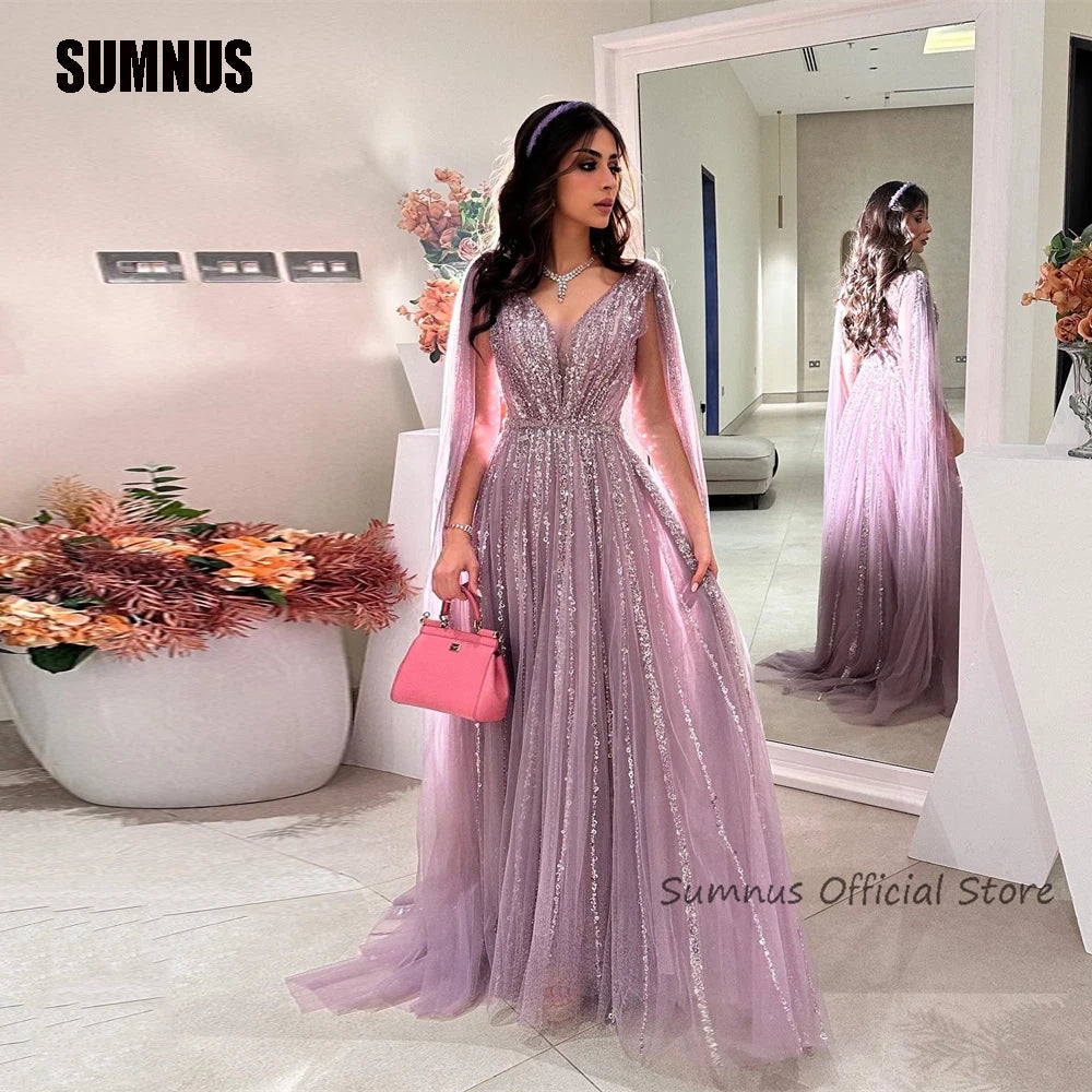 SUMNUS Shiny Mermaid Evening Dresses For Wedding Party Cape Sleeves Long Luxury Sequined Arabic Formal Prom Dress Dubai Gowns