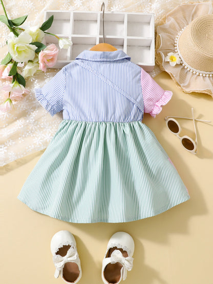 Girls  Dress With Lapel  Flared Sleeves  Button Closure Waist  Puffy Skirt  Butterfly Bag  Loose Travel New Style