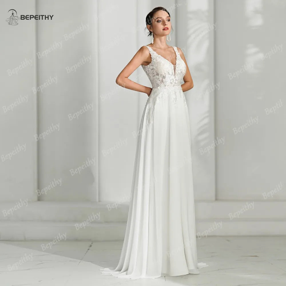 BEPEITHY Customized Ivory Beach Wedding Dresses For Bride Women Chiffon Boho Open Back Sexy Bridal Gown Vestidos De Novia New