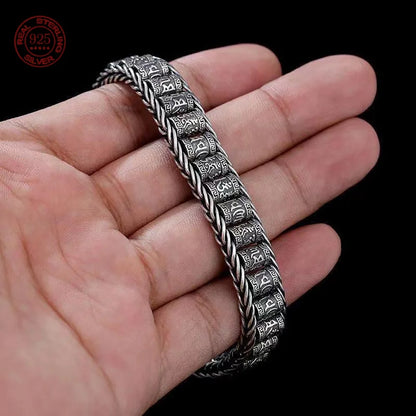 Retro Style Men Bracelet Simple and Generous Silver Bracelet Woven Six-Character Mantra Bracelet 925Silver Chain Jewelry