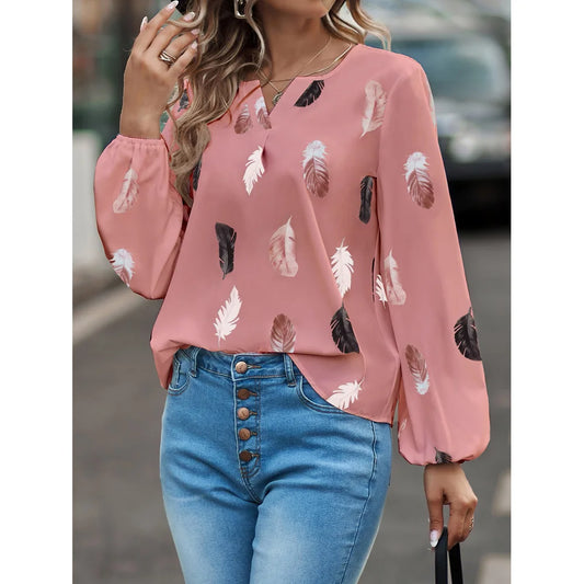 2024 New Spring Summer Women Casual T Shirt Fashion Feather Printed Long Sleeve V Neck Loose Blouses Tops Female Pullover TShirt