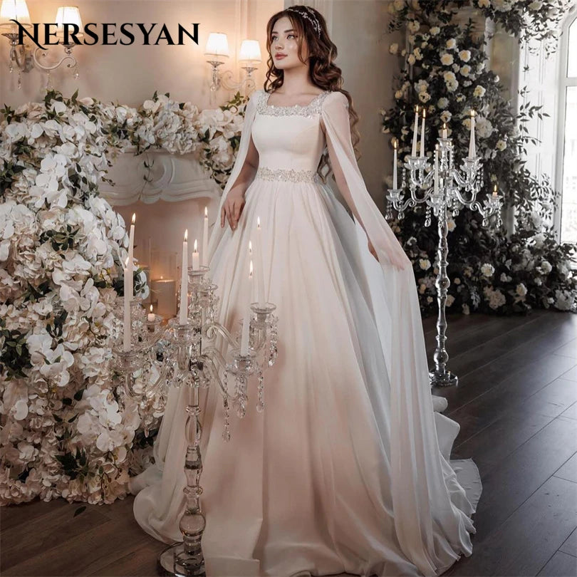 Nersesyan Vintage Long Cape Sleeves Formal Wedding Gowns Sequare Collar Glitter Beads Bridal Dresses A Line Draped Bride Gown