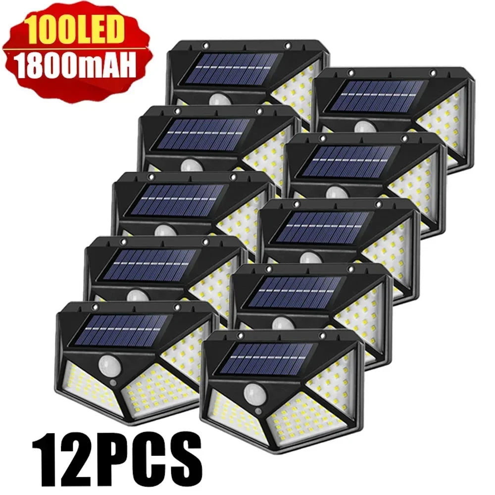 1~12PCS 100 LED Solar Wall Lamp 4 Sides Luminous With Motion Sensor Outdoor Garden Courtyard Waterproof Wall Light