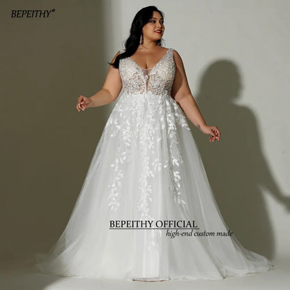 BEPEITHYCustomized Lace Boho Wedding Dress 2022 For Plus Size Women Bride Sleeveless A Line Ivory V Neck White Curve Bridal Gown